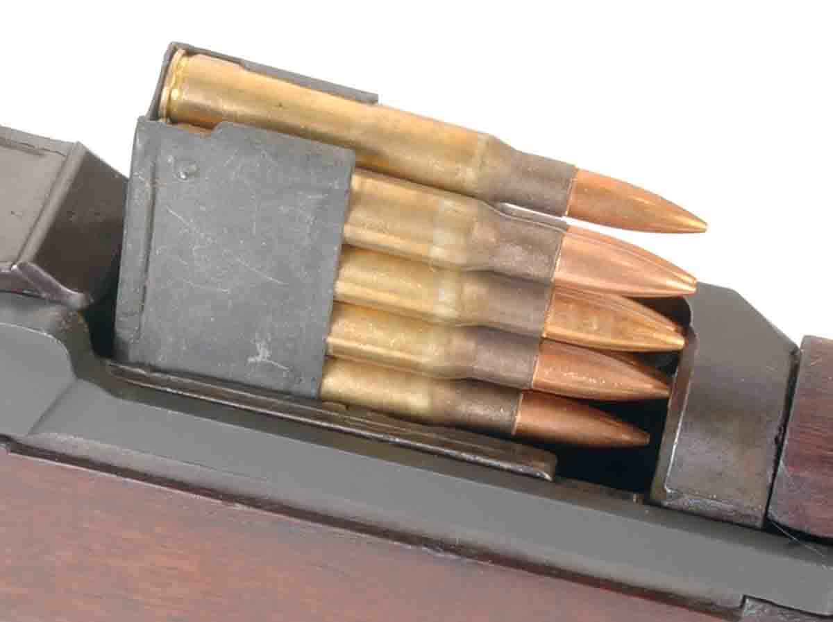 The M1 was designed for loading with eight-round en-bloc loaders that ejected when the last round was fired.